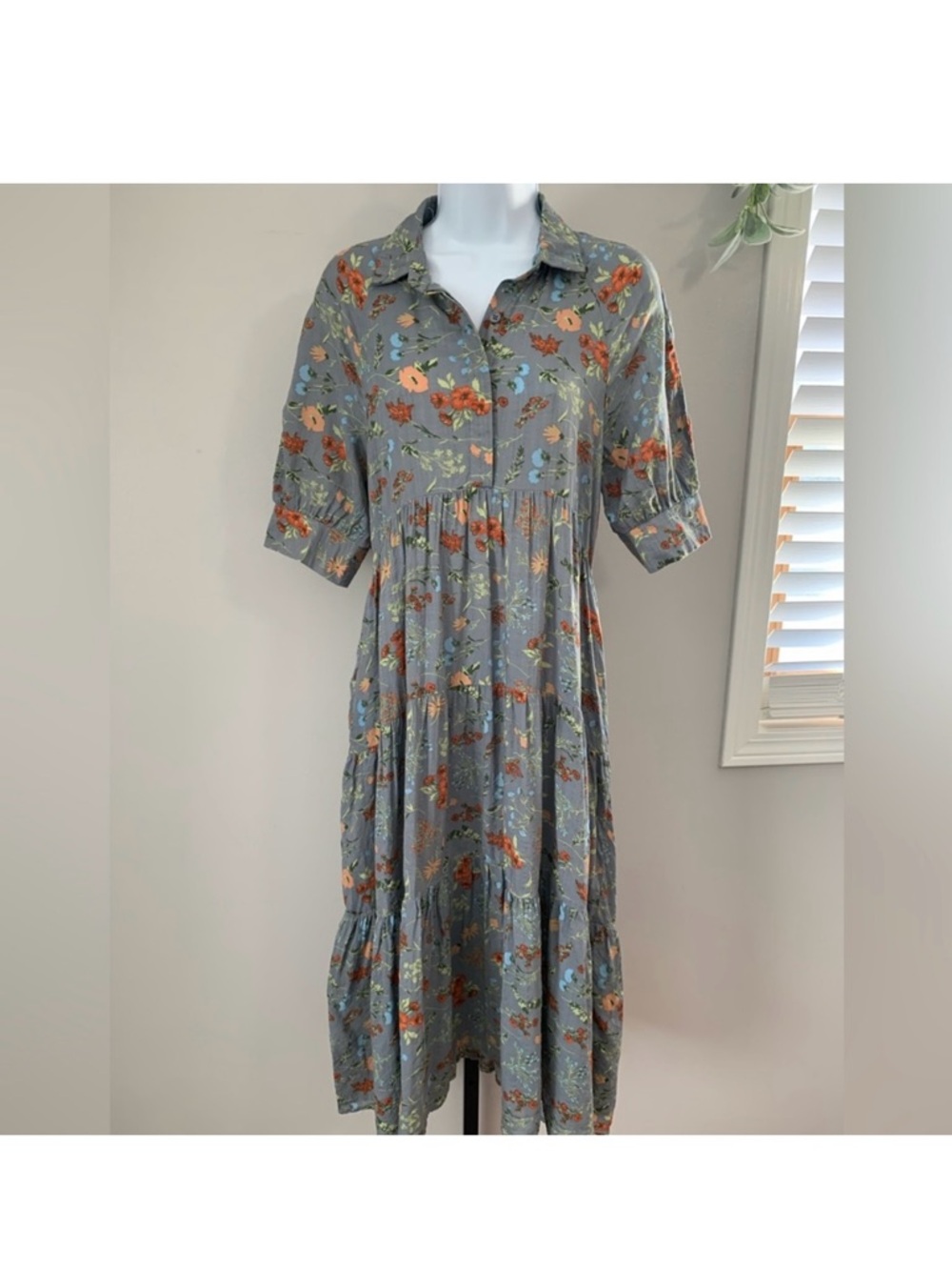 NATURAL LIFE Gray Midi Dress with Orange and Blue Floral Print